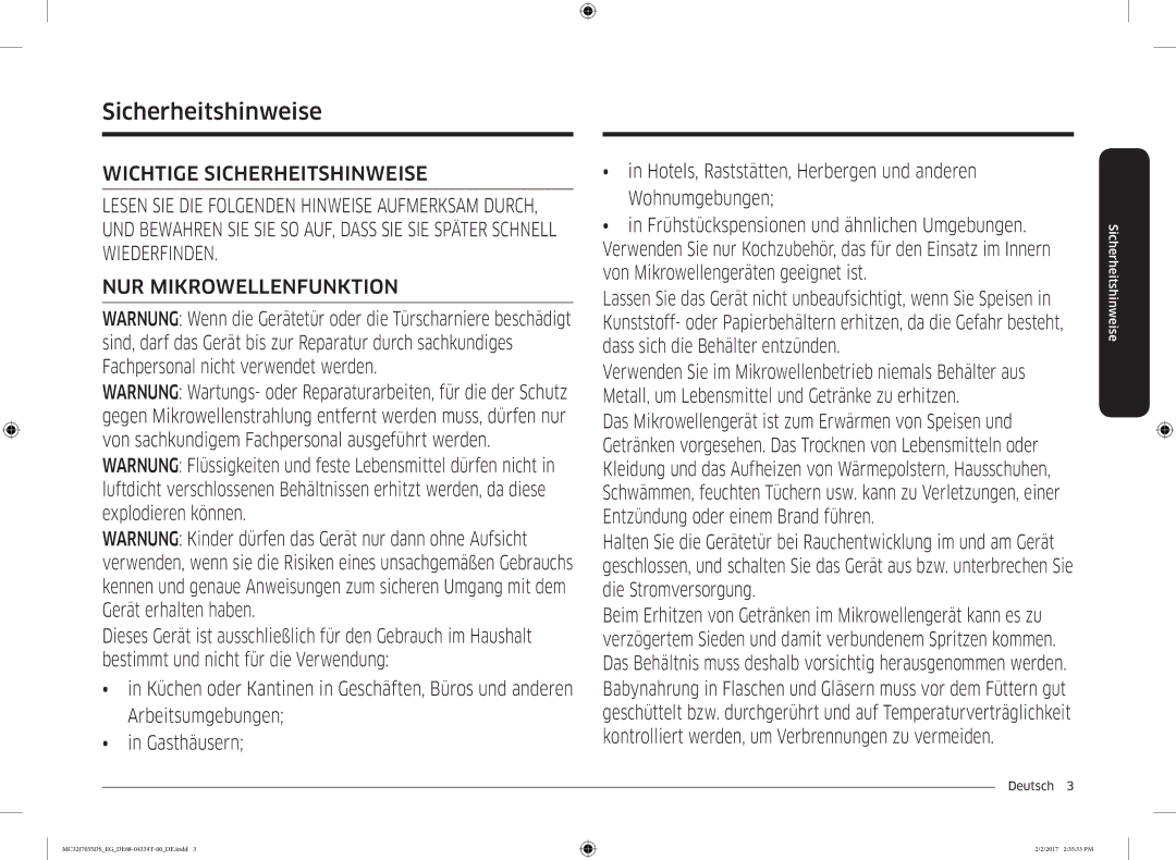 Samsung MC32J7035DS/EG manual Sicherheitshinweise, Deutsch  